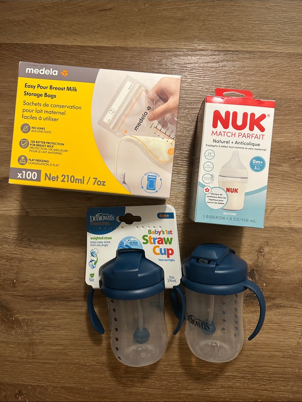 Medela and Baby Bottle Lot with Navy Blue Straw Cups